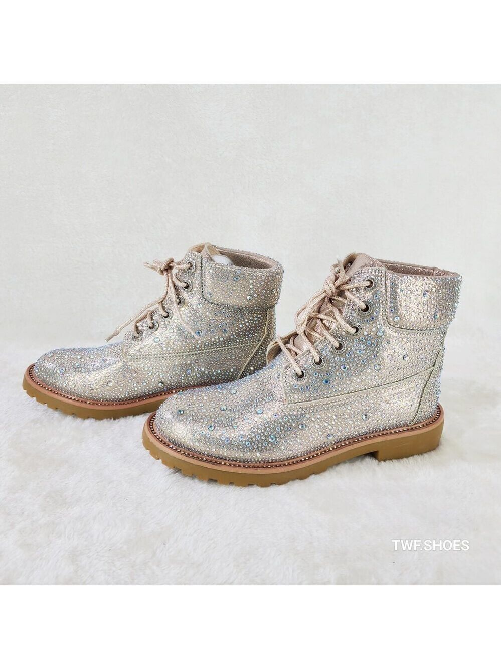 NIB Wonder Sparkling Rhinestone Combat Ankle Boots Metallic Rose Gold Champagne - Picture 12 of 12